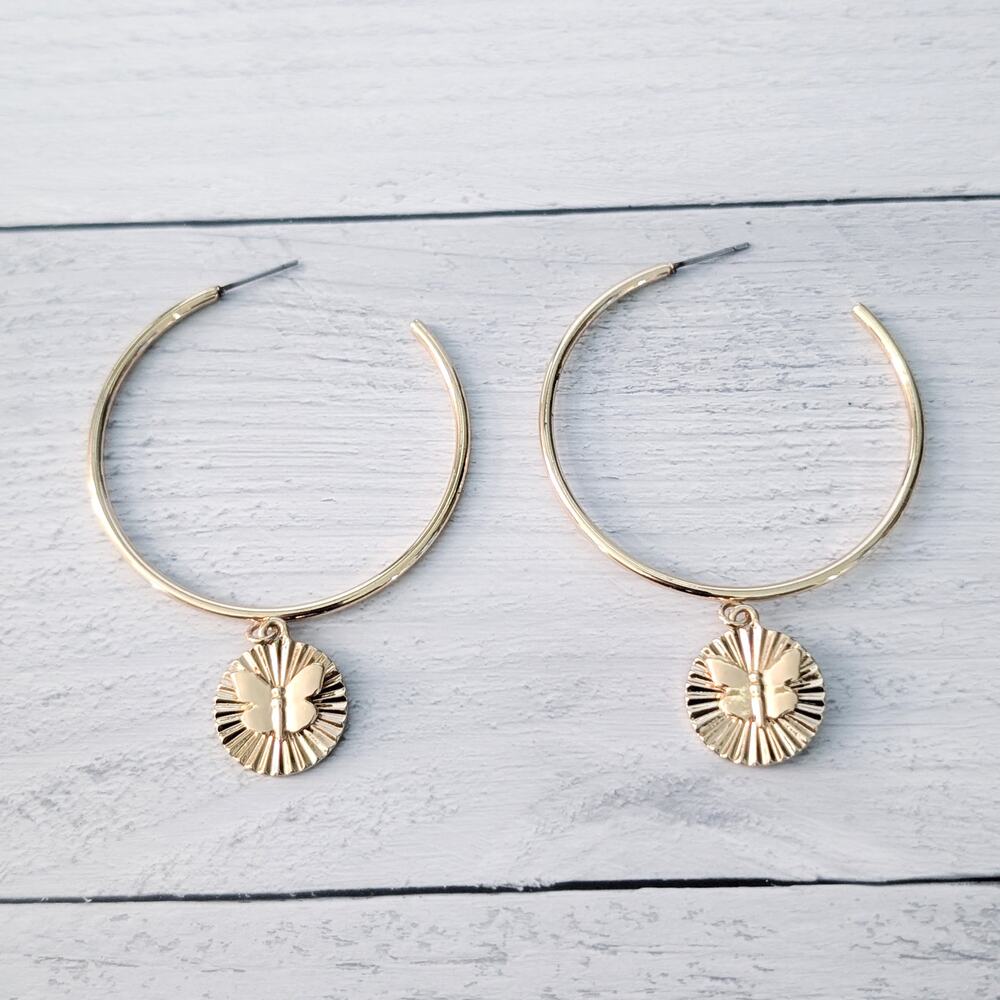 Extra Large Gold Tone Hoop Like Stud Earrings with Butterfly Charm